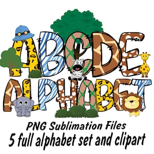 Paquete de alfabeto Safari Zoo Doodle, números, Safari Clip Art, patrón animal, zoológico PNG, carta para niños, letras de sublimación, descarga instantánea