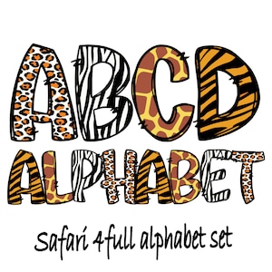 Paquete Safari Animales Piel Alfabeto Doodle Letras, Estampado de leopardo, Cebra, Tigre, Jirafa Alfabeto Letra PNG, Patrón animal, Zoológico PNG
