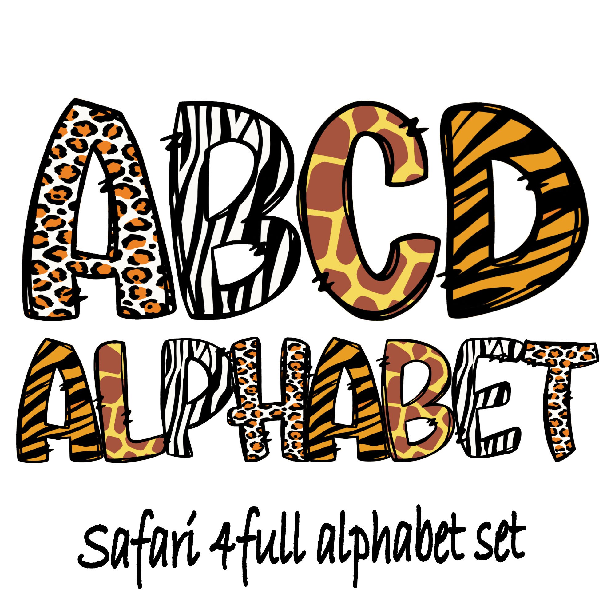 Bundle Safari Animals Skin Alphabet Doodle Letters, Leopard Print, Zebra, Tiger, Giraffe Alphabet Letter PNG ,Animal Pattern, Zoo PNG
