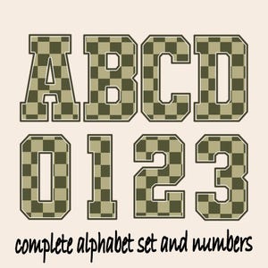 May include: A complete alphabet set and numbers, featuring letters A, B, C, D and numbers 0, 1, 2, 3. Each character has a green and tan checkered pattern with a dark outline, set against a cream background.