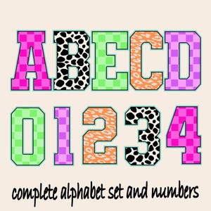 May include: A complete alphabet set and numbers are displayed in a colorful design. The letters A, B, C, and D, along with the numbers 0, 1, 2, 3, and 4, are shown in a variety of patterns, including checkered, leopard print, and polka dots.