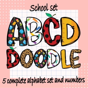 5 Bundle School Doodle Alphabet, School Letters, Cute Alpha Doodle, Clipart, Doodle Letters PNG, Back to School png, Instant Download