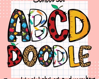 5 bundle School Doodle Alphabet, Lettere scolastiche, Cute Alpha Doodle, Clipart, Doodle Letters PNG, Ritorno a scuola png, Download istantaneo