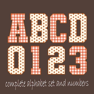 May include: A digital graphic featuring the letters A, B, C, D and the numbers 0, 1, 2, 3 in a block font. The characters alternate between a red and white gingham check pattern and a cream background with brown polka dots on a dark brown background.