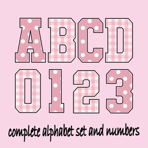 May include: A digital graphic set featuring the letters A, B, C, D and numbers 0, 1, 2, 3 in a varsity font style. Each character has a light pink and white gingham check pattern with white polka dots and a thin black outline. Text reads complete alphabet set and numbers.