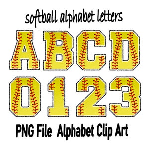 Letras de softball PNG, esportes de softball, alfabeto esportivo png, letras alfa e número, faculdade, escola, downloads de designs de sublimação