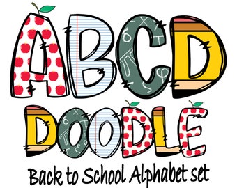 Paquete de 4 alfabetos de garabatos escolares, letras escolares, garabatos alfa, letras PNG, letras de garabatos PNG, escuela, regreso a la escuela, descarga instantánea