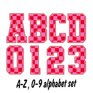 May include: A-Z, 0-9 alphabet set in a pink and red checkered pattern. The letters and numbers are in a bold, blocky font.