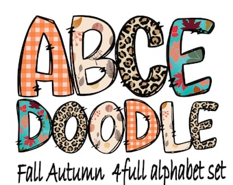 Fall Doodle Alphabet Bundle, Autumn PNG Letters, Numbers, A-Z Upper Case Font Letters Complete Set ,Leopard alphabet, Instant Download