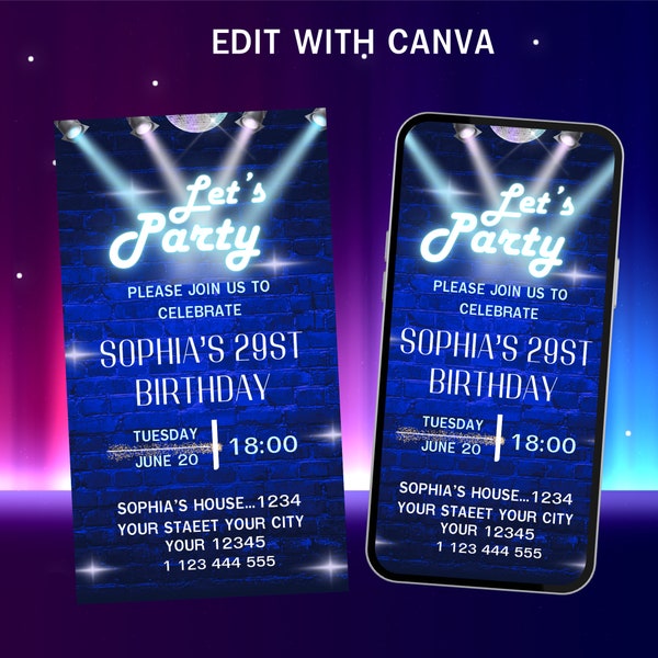 Neon Party Invitation Template, Digital Birthday Party,Navy blue wall Editable Template,Any Age Evite Instant Download, Phone Birthday Evite