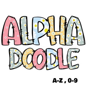 May include: A colorful graphic design with the text "Alpha Doodle" in a patchwork style with a floral pattern. The text "A-Z, 0-9" is below the design.
