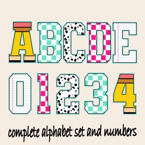 Alfabeto xadrez colorido e números, letras do alfabeto de volta às aulas, professor PNG, download instantâneo