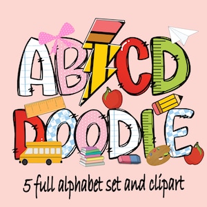 5 Bundle Doodle Schulalphabet, Schulbuchstaben, Alpha Doodle, PNG-Buchstaben, Rosa Buchstaben PNG, Lehrer PNG, Zurück zu Schule, Sublimationsentwürfe