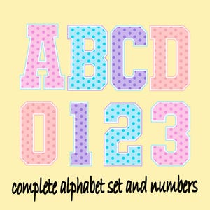 May include: A complete alphabet set and numbers, featuring the letters A, B, C, D and numbers 0, 1, 2, 3. Each letter and number is in a different pastel color with polka dots and a white outline, set against a yellow background.