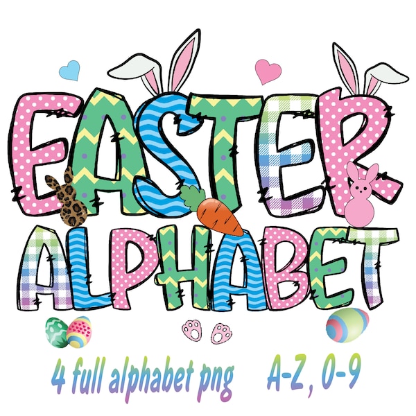 Easter Alphabet doodle Letters PNG Bundle , Bunny, Easter Eggs, Alpha Bundle & Accessories , Sublimation Alpha Set , Instant Download