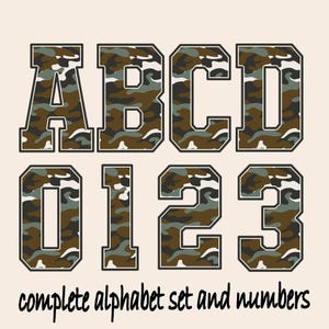 May include: A complete alphabet set and numbers in a camouflage pattern. The letters A, B, C, and D, along with the numbers 0, 1, 2, and 3, are displayed in a bold, blocky font with a black outline. The camouflage design features shades of brown, green, and white.