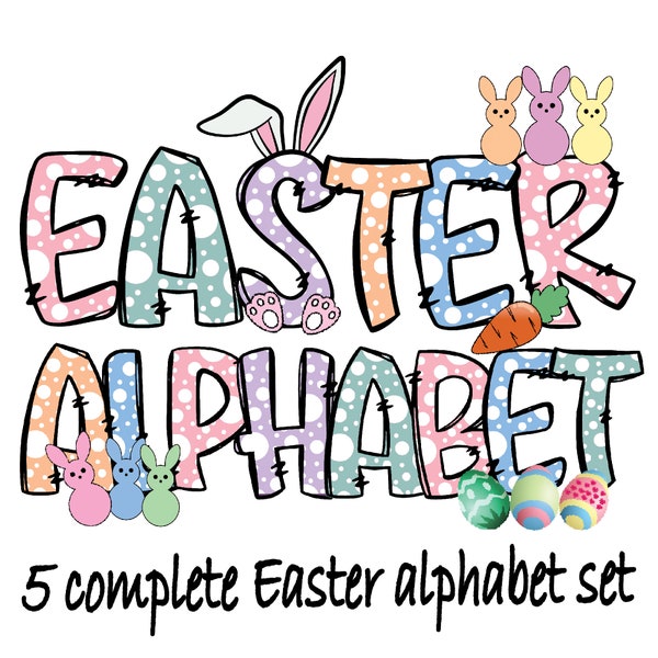 Easter Alphabet doodle Letters PNG Bundle , Bunny , Easter Eggs, Alpha set Bundle & Accessories , Happy Easter, Commercial Use