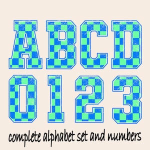 Light Green and Blue Checkered Pattern Alphabet Set, Bright Checkered Alphabet ,Kids Alphabet Letters, Racing numbers, Instant Download