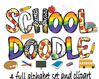 Paquete de alfabeto de garabatos escolares, letras escolares, garabatos alfa, letras de garabatos de maestros, letras de garabatos arcoíris PNG, regreso a la escuela, descarga instantánea