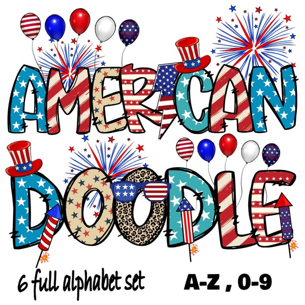 BUNDLE Patriotic Alphabet PNG, 4th of July, Independence Day, Alpha Doodle, PNG Letters, American Doodle, Sublimation, Retro America png