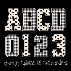 May include: A digital graphic set featuring the letters A, B, C, D and numbers 0, 1, 2, 3 in a varsity font style. The characters alternate between a cream background with black polka dots and a black and white gingham check pattern. Text reads complete alphabet set and numbers.