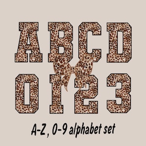 May include: A set of letters and numbers in a leopard print pattern, including the letters A, B, C, D and the numbers 0, 1, 2, 3. A bow is between the letters and numbers. The text "A-Z, 0-9 alphabet set" is at the bottom.