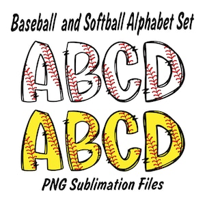 Baseball and Softball Doodle Letters PNG, Baseball Sports, Softball Sports, Number Letters Alphabet Bundle PNG,Sublimation Designs Downloads