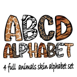 Safari Animales Piel Alfabeto Doodle Letras, Paquete, Estampado de Leopardo, Cebra, Tigre, Jirafa Letra del Alfabeto PNG, Descarga Instantánea