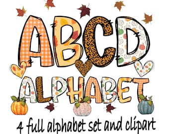 May include: A set of alphabet letters in a fall theme with a patchwork, leopard print, and pumpkin design. The letters are in a bold, black outline. The text "ABCD Alphabet" is displayed with four pumpkins below. The text "4 full alphabet set and clipart" is displayed at the bottom of the image.