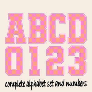 Conjunto de alfabeto com padrão xadrez rosa e laranja, alfabeto xadrez pastel, letras do alfabeto infantil, arquivo PNG, números de corrida, download instantâneo