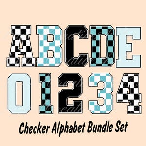 Alfabeto e números do pacote xadrez, letras do alfabeto retrô, arquivo PNG, números de corrida, xadrez azul claro, download instantâneo