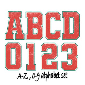 May include: Red and green distressed alphabet and number set, including letters A, B, C, D and numbers 0, 1, 2, 3. The text "A-Z, 0-9 alphabet set" is below the letters and numbers. The design is on a white background.