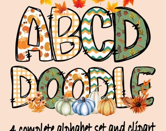 May include: Fall-themed alphabet doodle clipart set with letters A, B, C, D, and the word "DOODLE". The letters are decorated with plaid, chevron, and leaf patterns. Pumpkins, leaves, and acorns are scattered around the letters.