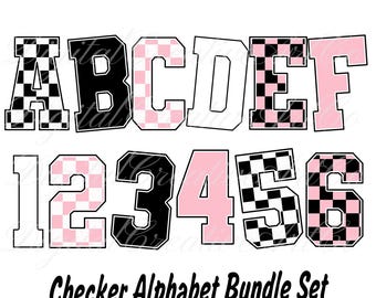 May include: Checkerboard alphabet and number clipart set in black, white, and pink. The letters are in a bold, blocky font. The numbers are in a similar font. The letters A, B, C, D, E, and F are shown, as well as the numbers 1, 2, 3, 4, 5, and 6.