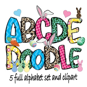 May include: Colorful alphabet letters with Easter-themed patterns, including bunny ears, polka dots, and gingham. The letters spell out "ABCDE DOODLE" and include a variety of Easter-themed clipart, such as bunnies, eggs, and carrots.  5 full alphabet set and clipart.