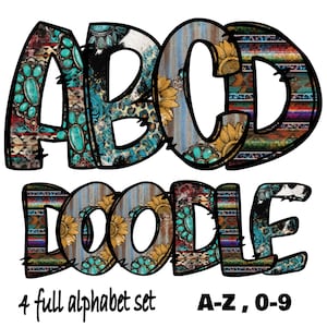 Western Alphabet Doodle Letters,  Clipart, Leopard Sunflowers Print, Gemstone Pattern,  Cow print, Sublimation Letters , Instant Download