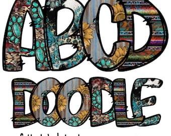 Western Alphabet Doodle Letters,  Clipart, Leopard Sunflowers Print, Gemstone Pattern,  Cow print, Sublimation Letters , Instant Download