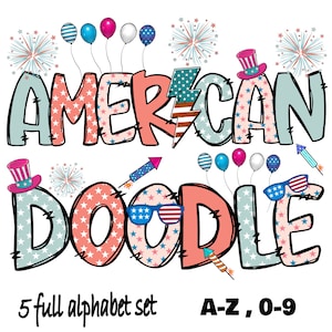 May include: American Doodle font alphabet set in red, white, and blue with stars and fireworks. The set includes uppercase letters A-Z and numbers 0-9. 5 full alphabet sets.