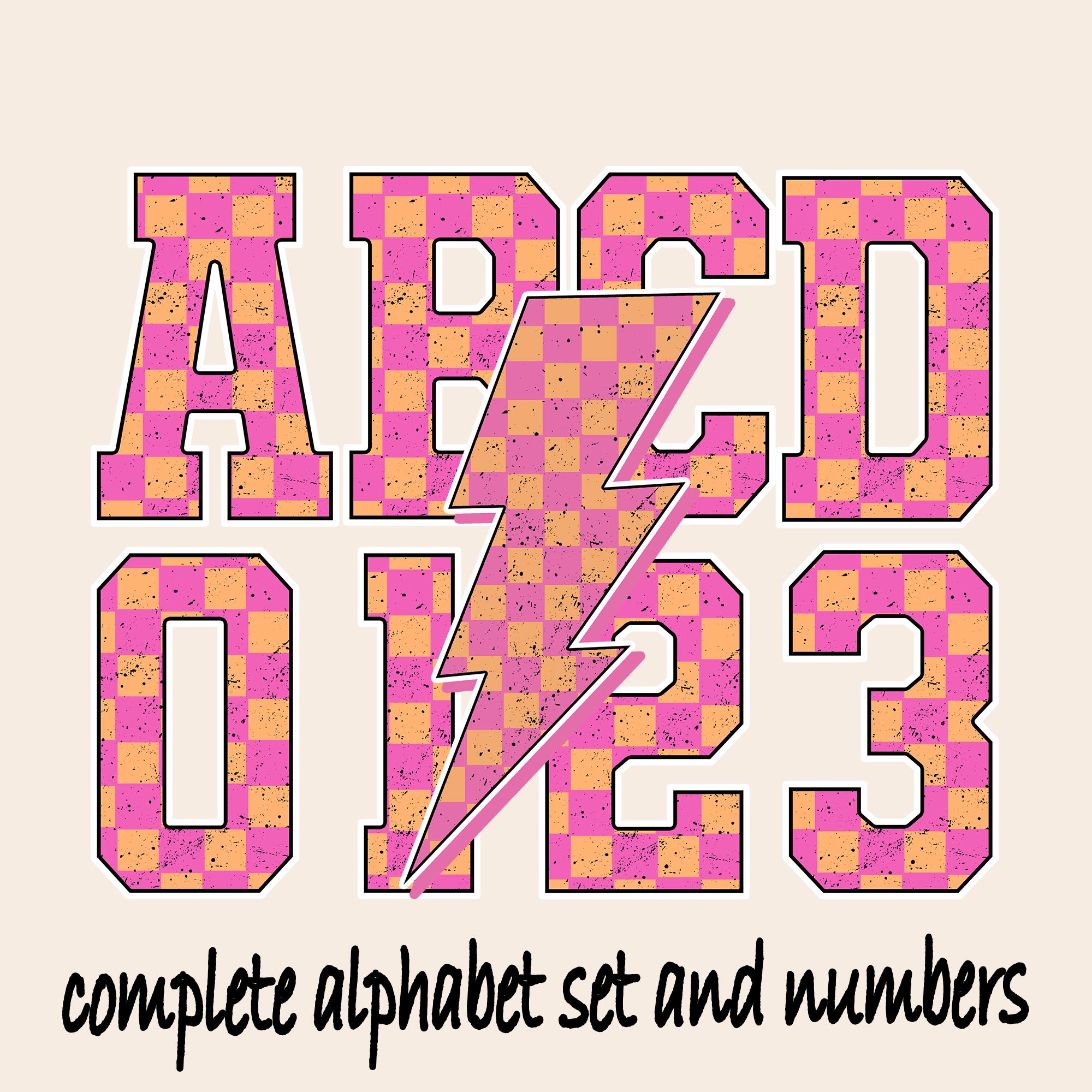 Pink Alphabet and Numbers, Neon Grunge Checkered Mama Png, Neon