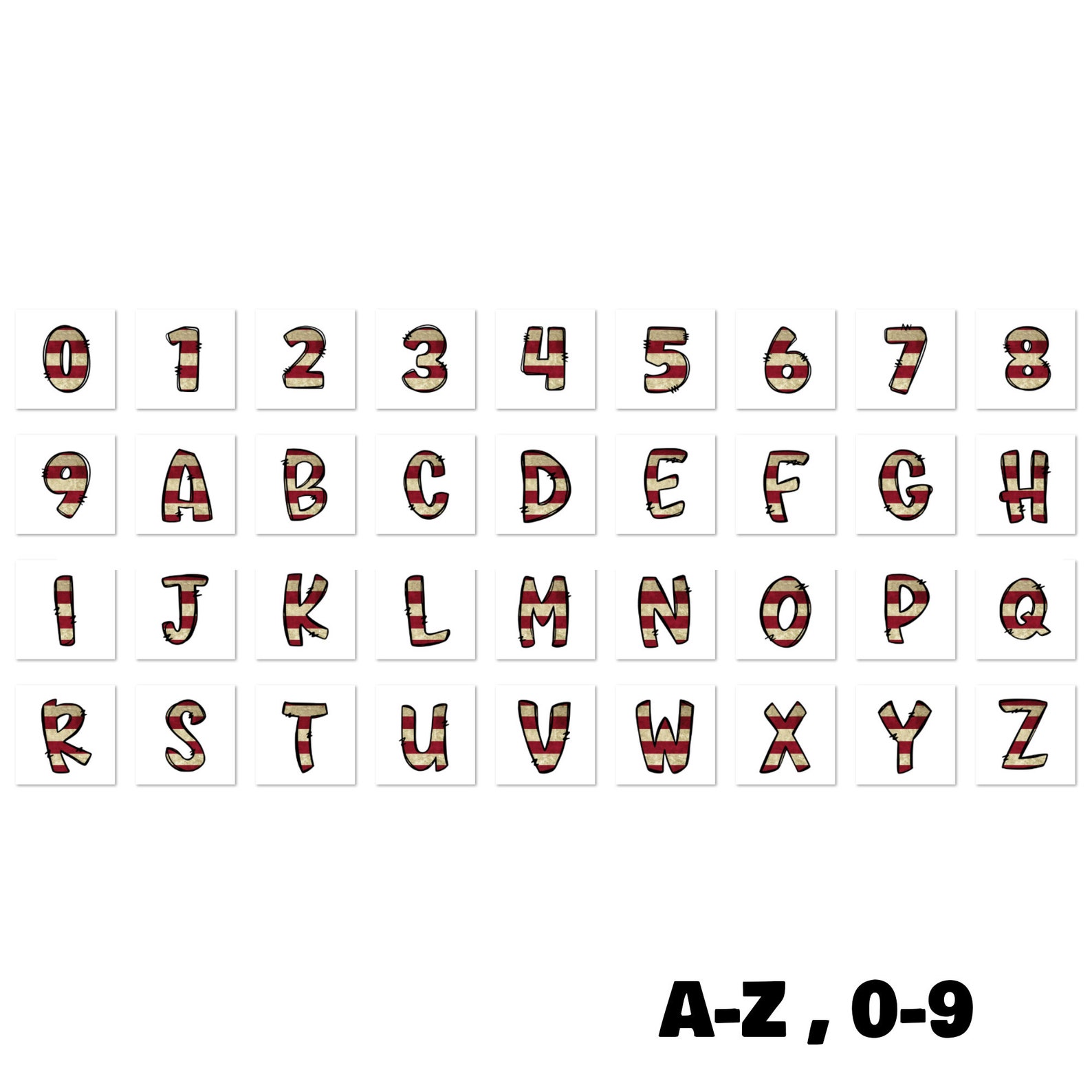 American Alphabet Letters PNG Bundle, Patriotic USA Flag Doodle Letters ...