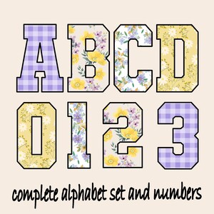 以下が含まれることがあります： A, B, C, D の文字と 0, 1, 2, 3 の数字を含む、完全なアルファベットセットと数字。文字と数字は黒いアウトラインで、花柄と紫色のギンガムチェック柄で塗りつぶされています。「complete alphabet set and numbers」のテキストが下にあります。