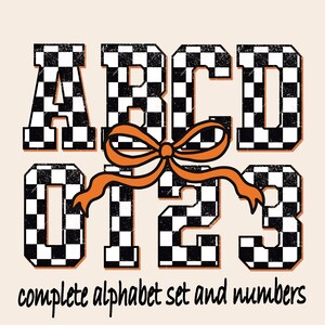 May include: A complete alphabet set and numbers graphic. The letters A, B, C, and D, and numbers 0, 1, 2, and 3 are displayed in a black and white checkered pattern. An orange bow and ribbon are in the center of the image.
