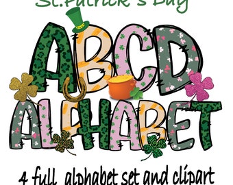 Pacchetto di file png dell'alfabeto del giorno di San Patrizio, lettere doodle del giorno di San Patrizio png, numeri e accessori, design a sublimazione del giorno di San Patrizio