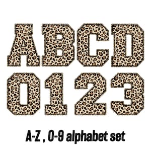 May include: A set of leopard print letters and numbers, including A, B, C, D, 0, 1, 2, and 3. The letters and numbers have a gold glitter outline and are set against a white background. The text "A-Z, 0-9 alphabet set" is at the bottom.