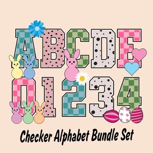 ボヘミアン イースター チェック柄 バンドル アルファベットとクリップアート、数字、イースター コケット アルファベット文字、ピンク チェック柄、即時ダウンロード
