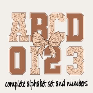 May include: A digital design featuring the letters A, B, C, and D, along with the numbers 0, 1, 2, and 3. The letters and numbers have a brown outline with a leopard print pattern. A bow is in the center. The text "complete alphabet set and numbers" is at the bottom.