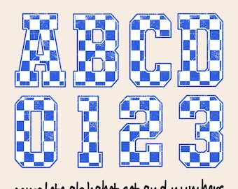 Royal blue and White Checkered Pattern Alphabet Set, Checkered Alphabet ,Kids Alphabet Letters, PNG File, Racing numbers, Instant Download