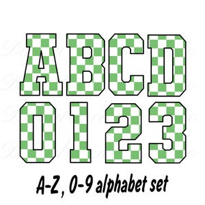 Alfabeto e números do Dia de São Patrício xadrez retrô, letras do alfabeto com padrão xadrez, arquivo PNG verde, png da sorte, download instantâneo
