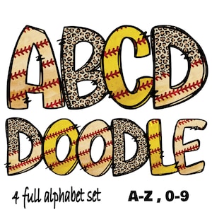 Baseball Letters with Leopard PNG,4set Baseball leopard Alphabet, Baseball Doodle Letters Alphabet Bundle PNG, Sublimation Designs Downloads