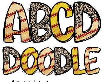 Baseball Letters with Leopard PNG,4set Baseball leopard Alphabet, Baseball Doodle Letters Alphabet Bundle PNG, Sublimation Designs Downloads
